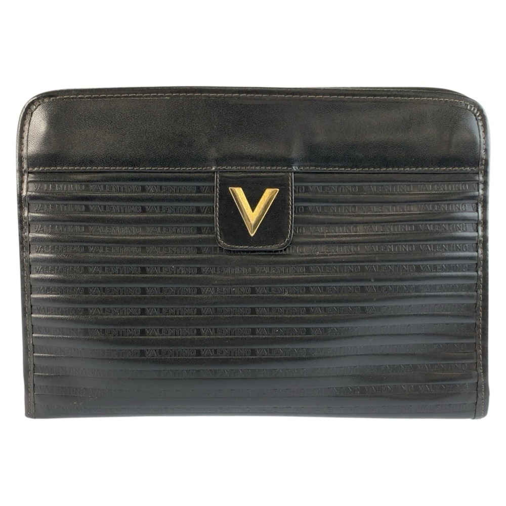 MARIO VALENTINO (Mario Valentino) Black Leather Clutch Bag/Second Bag with Go...
